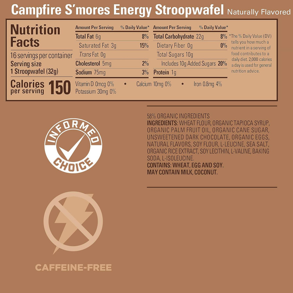 Gu Energy Stroopwafel Campfire S'Mores Sports Nutrition Waffle, Caffeine-Free, And Kosher Dairy, On-The-Go Energy For Any Workout, 16 Count