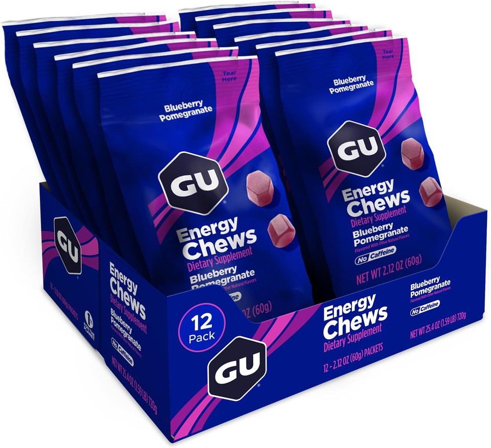 Gu Energy Chews, Blueberry Pomegranate Energy Gummies With Electrolytes, Vegan, Gluten-Free, Kosher, And Dairy-Free On-The-Go Energy For Any Workout, 12 Bags (24 Servings Total)