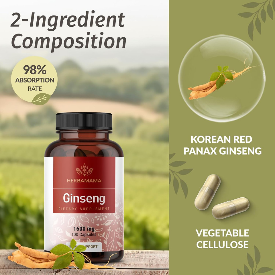 Herbamama Korean Red Ginseng Capsules - 1600 Mg Panax Ginseng Energy Supplements - Red Ginseng Root - Vegan, Non-Gmo - 100 Caps