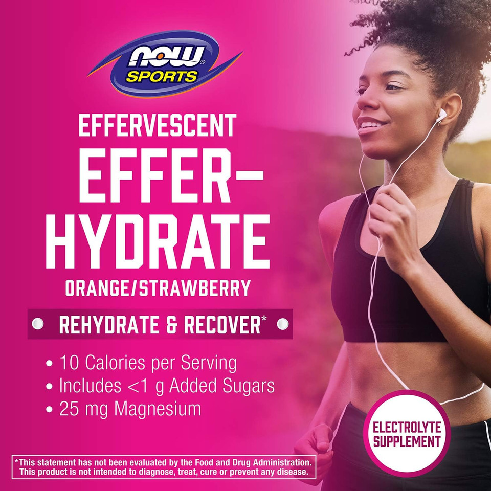 Now Foods Sports Nutrition, Effervescent Effer-Hydrate, Electrolyte Supplement, Recovery*, Orange Strawberry, 10 Tablets