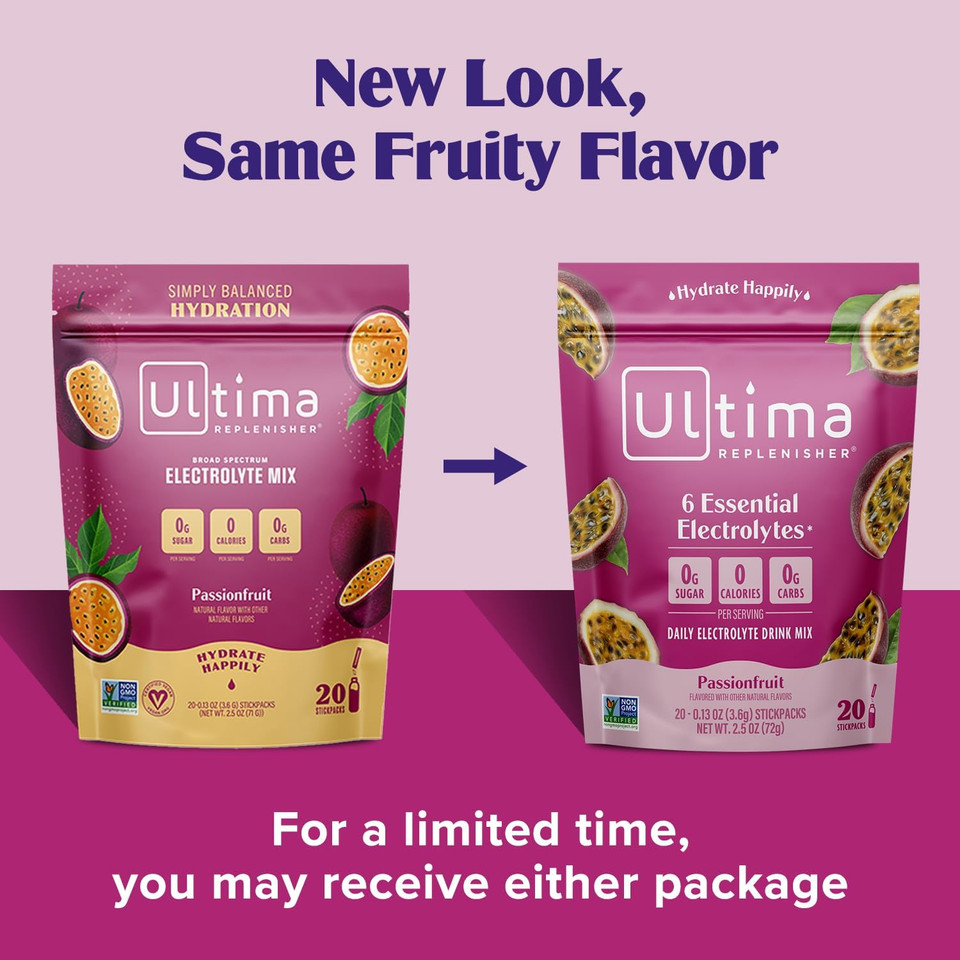 Ultima Replenisher Daily Electrolyte Drink Mix  Passionfruit, 20 Stickpacks  Hydration Packets With 6 Electrolytes & Trace Minerals  Keto Friendly, Non-Gmo & Sugar-Free Electrolyte Powder