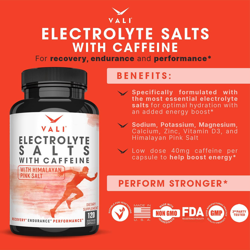 Vali Electrolyte Salts Plus 40Mg Caffeine. Rapid Oral Rehydration Replacement Pills. Hydration Nutrition Powder Supplement, Energy, Recovery & Relief Fast. Fluid Health Essentials. 120 Veggie Capsules