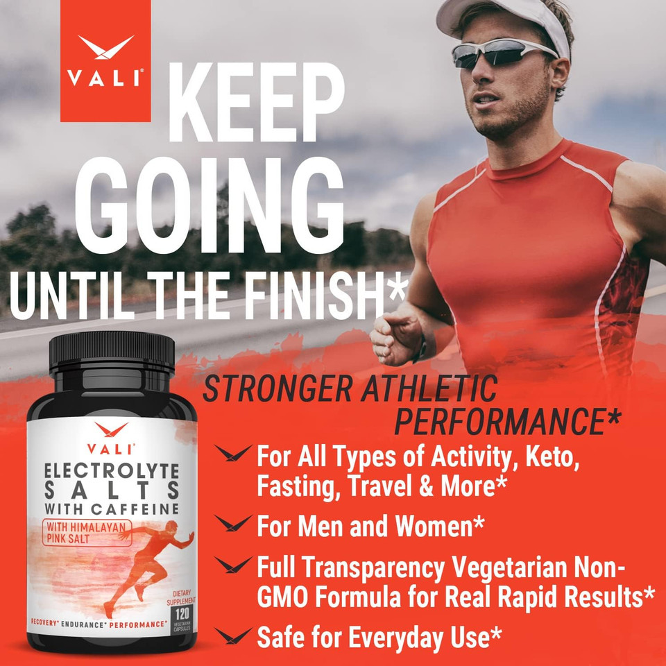 Vali Electrolyte Salts Plus 40Mg Caffeine. Rapid Oral Rehydration Replacement Pills. Hydration Nutrition Powder Supplement, Energy, Recovery & Relief Fast. Fluid Health Essentials. 120 Veggie Capsules