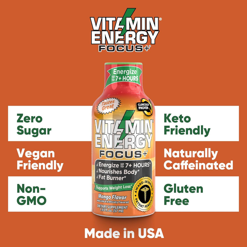 Vitamin Energy Focus+ Shots | Natural Healthy Energy & Focus Drink | Sugar-Free Carb-Free Supplement | Vitamins B6, B12, Niacin, L-Theanine, Coq10 | Energize Up To 7+ Hrs | Mango - 1.93 Fl Oz - 48 Ct