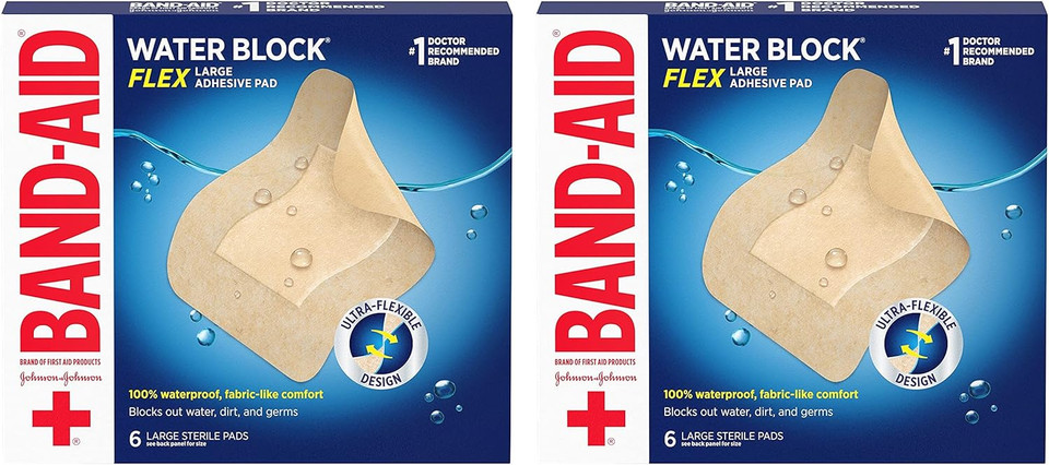 Band-Aid Brand Water Block Flex Large Adhesive Pads, 100% Waterproof Bandage Pads For First-Aid Care Of Minor Cuts, Scrapes & Wounds, Ultra-Flexible Design, Sterile, Large, 2 X 6 Ct