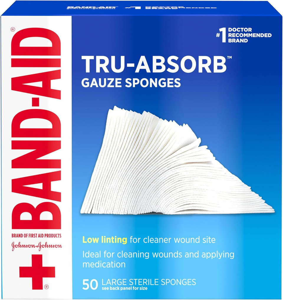Band Aid Brand First Aid Products Tru-Absorb Sterile Gauze Sponges For Cleaning And Cushioning Minor Wounds, Cuts & Burns, Low-Lint Design, Individually Wrapped 4 In By 4 In Pads
