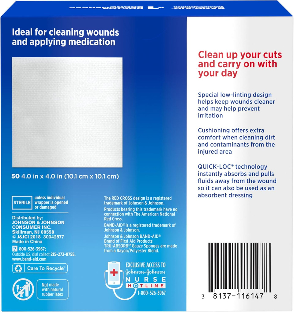 Band Aid Brand First Aid Products Tru-Absorb Sterile Gauze Sponges For Cleaning And Cushioning Minor Wounds, Cuts & Burns, Low-Lint Design, Individually Wrapped 4 In By 4 In Pads