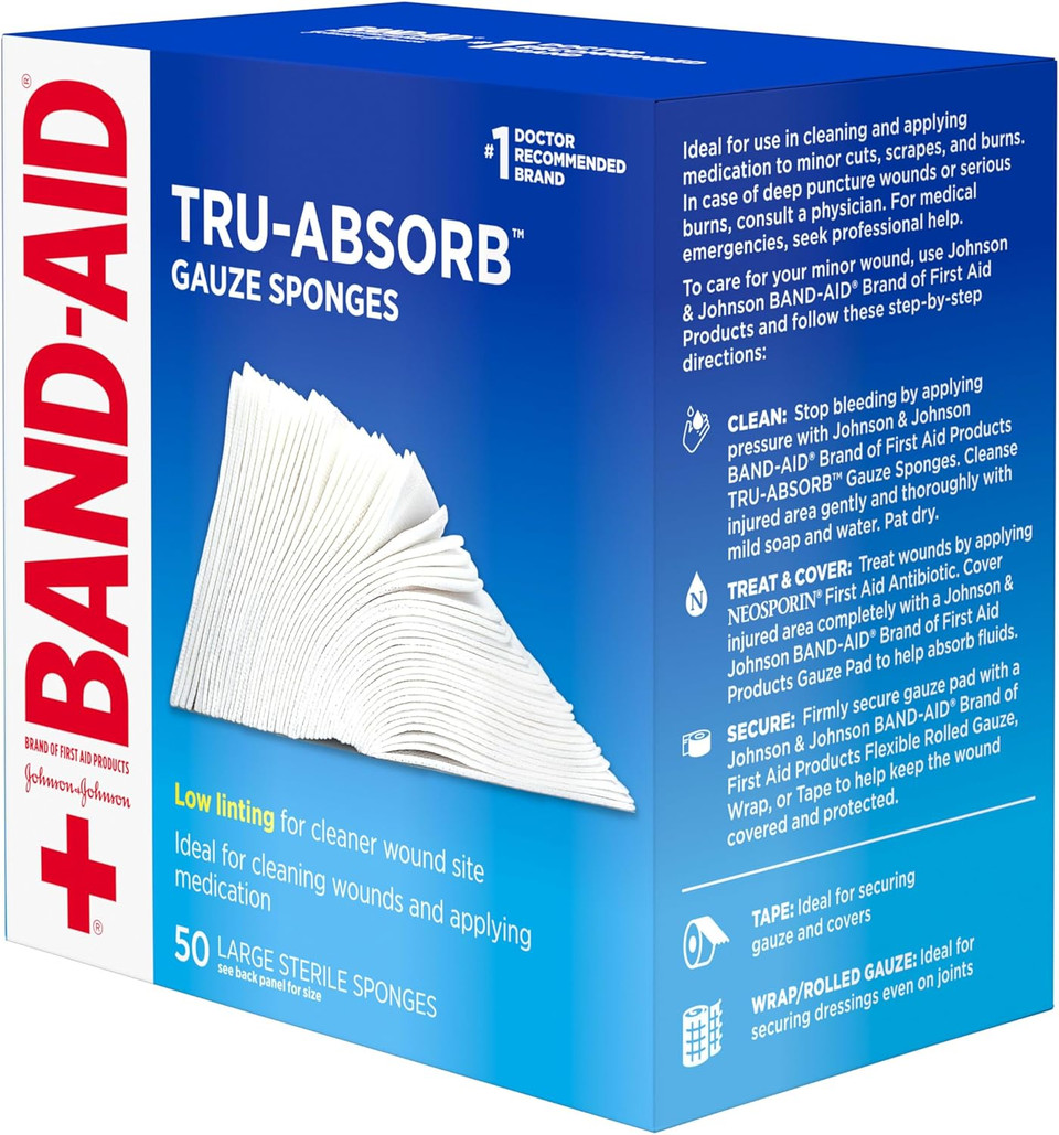 Band Aid Brand First Aid Products Tru-Absorb Sterile Gauze Sponges For Cleaning And Cushioning Minor Wounds, Cuts & Burns, Low-Lint Design, Individually Wrapped 4 In By 4 In Pads
