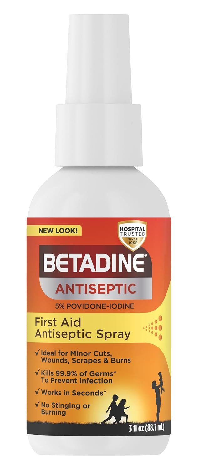 Betadine Antiseptic First Aid Spray, Povidone-Iodine 5%, Infection Protection, Kills Germs In Minor Cuts Scrapes And Burns, No Sting Promise, No Alcohol Or Hydrogen Peroxide, 3 Fl Oz