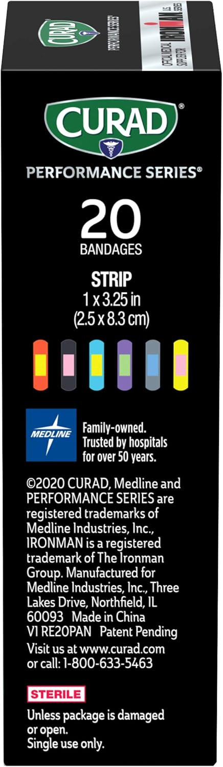 Curad Performance Series Ironman Antibacterial Bandages, Extreme Hold Adhesive Technology, Standard Size Flexible Fabric Bandages For Cuts, Scrapes, & Burns, Assorted Colors, 1 X 3.25 Inches, 20 Count
