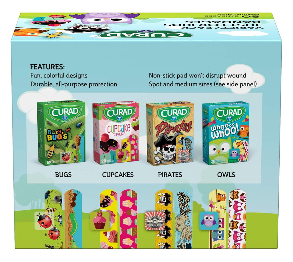 Curad Just For Kids Bandages, 4 Fun Themes, Colorful, All-Purpose Protection Plastic Bandages, 4-Sided Seal, Variety Of Sizes, 80 Count