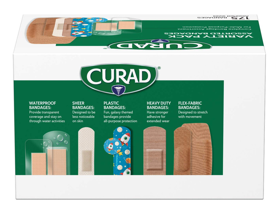 Curad Family Bandage Variety Pack, 4 Styles Included; Waterproof, Galaxy, Flex-Fabric, Heavy Duty, 175 Bandages