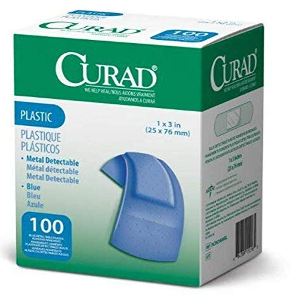 Curad Blue Flex-Fabric Adhesive Bandage, Metal-Detectable, 1" X 3", 100 Count (Pack Of 2)