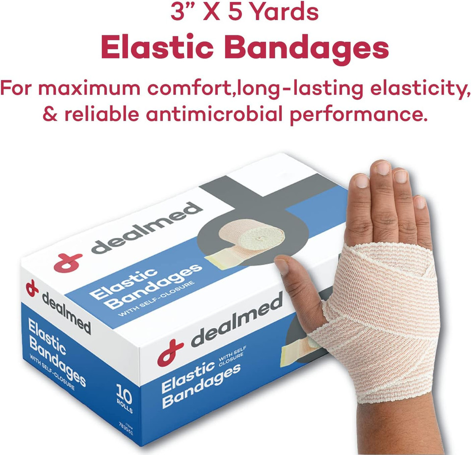 Dealmed 3" Elastic Bandage Wrap With Self-Closure  10 Elastic Bandages, 5 Yards Stretched Compression Bandage Wrap, Wound Care Product For First Aid Kit And Medical Facilities