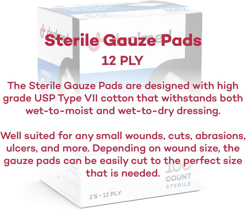 Dealmed Sterile Gauze Pads  100 Count, 2 X 2 Disposable And Individually Wrapped Gauze Pads, Wound Care Product For First Aid Kit And Medical Facilities
