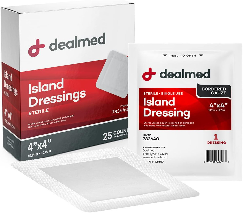 Dealmed Sterile Bordered Gauze Island Dressings  25 Count, 4" X 4" Gauze Pads, Disposable, Latex-Free, Adhesive Borders With Non-Stick Pads, Wound Dressing For First Aid Kit And Medical Facilities