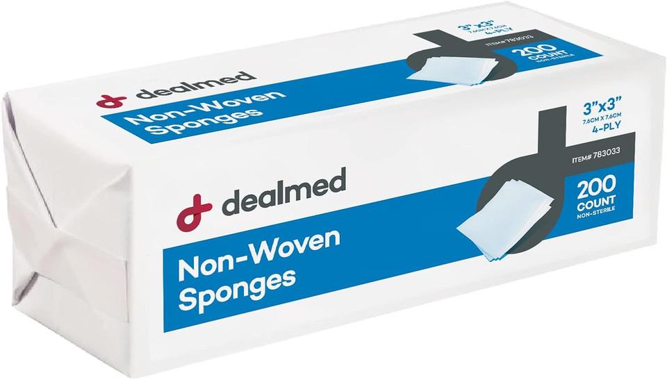Dealmed 3" X 3" Non-Woven Gauze Sponge - 4-Ply All-Purpose Non-Sterile Gauze Pads, Absorbent Dental Gauze Wound Care Product For First Aid Kit/Medical Facilities, 200 Count (Pack Of 4)