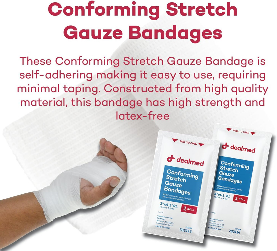 Dealmed 4" Sterile Conforming Stretch Gauze Bandages, 4.1 Yards Latex Free Stretched Dressing Wrap, Medical Non-Adherent Wound Care Mesh Bandages (Box Of 12 Rolls)
