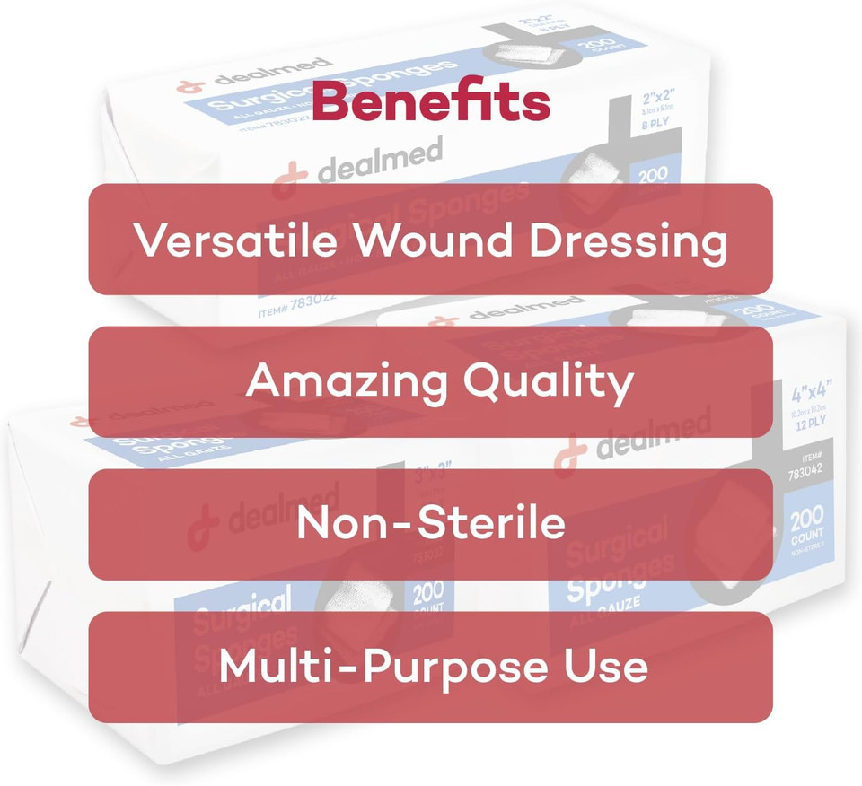 Dealmed 3" X 3" Surgical Sponges, 8-Ply, Non-Woven Absorbent Gauze Sponges For Wound Care, First Aid Kits And Medical Facilities, 200 Count (Pack Of 1)