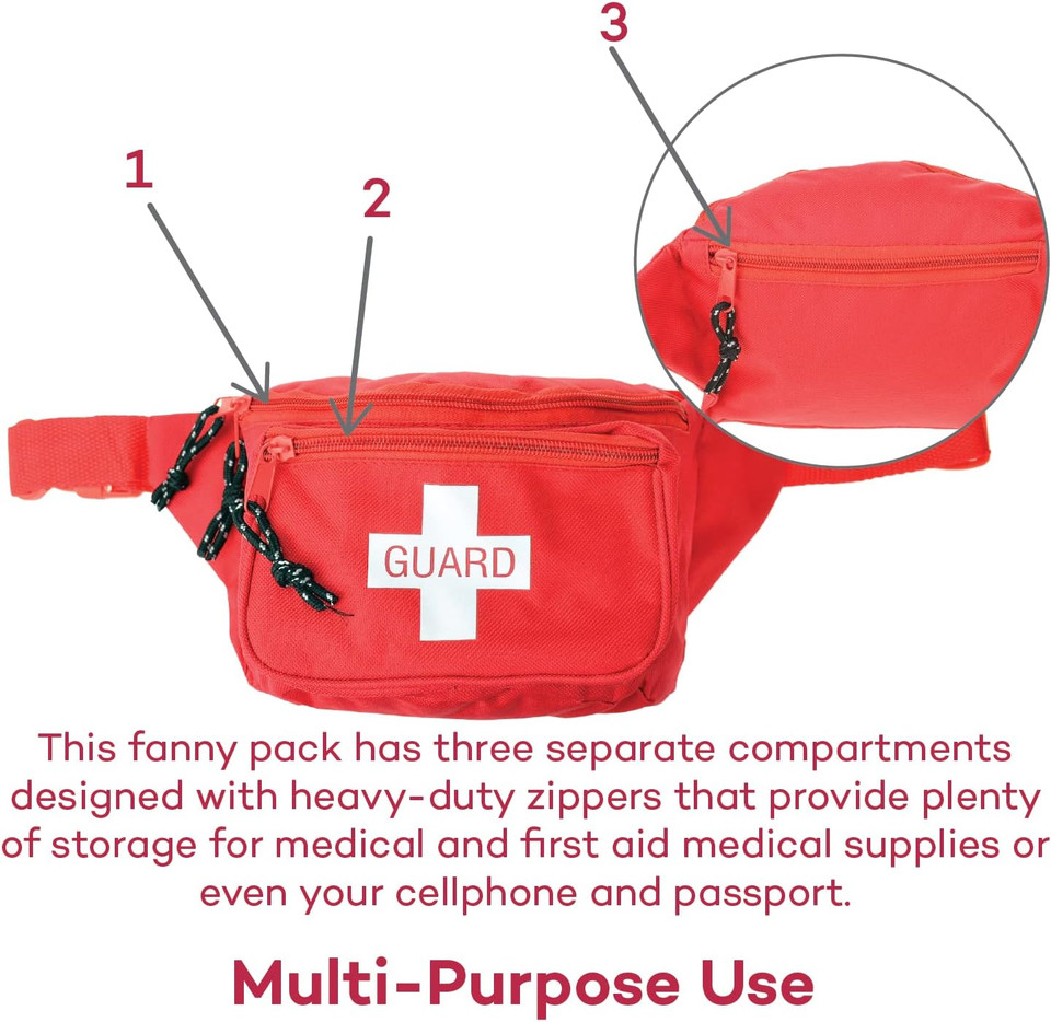Dealmed Lifeguard Fanny Pack With Logo, E-Z Zipper Design And 3 Pockets, Red Fanny Pack (Pack Of 1), Includes Adjustable Waist Strap And Zipper Pockets