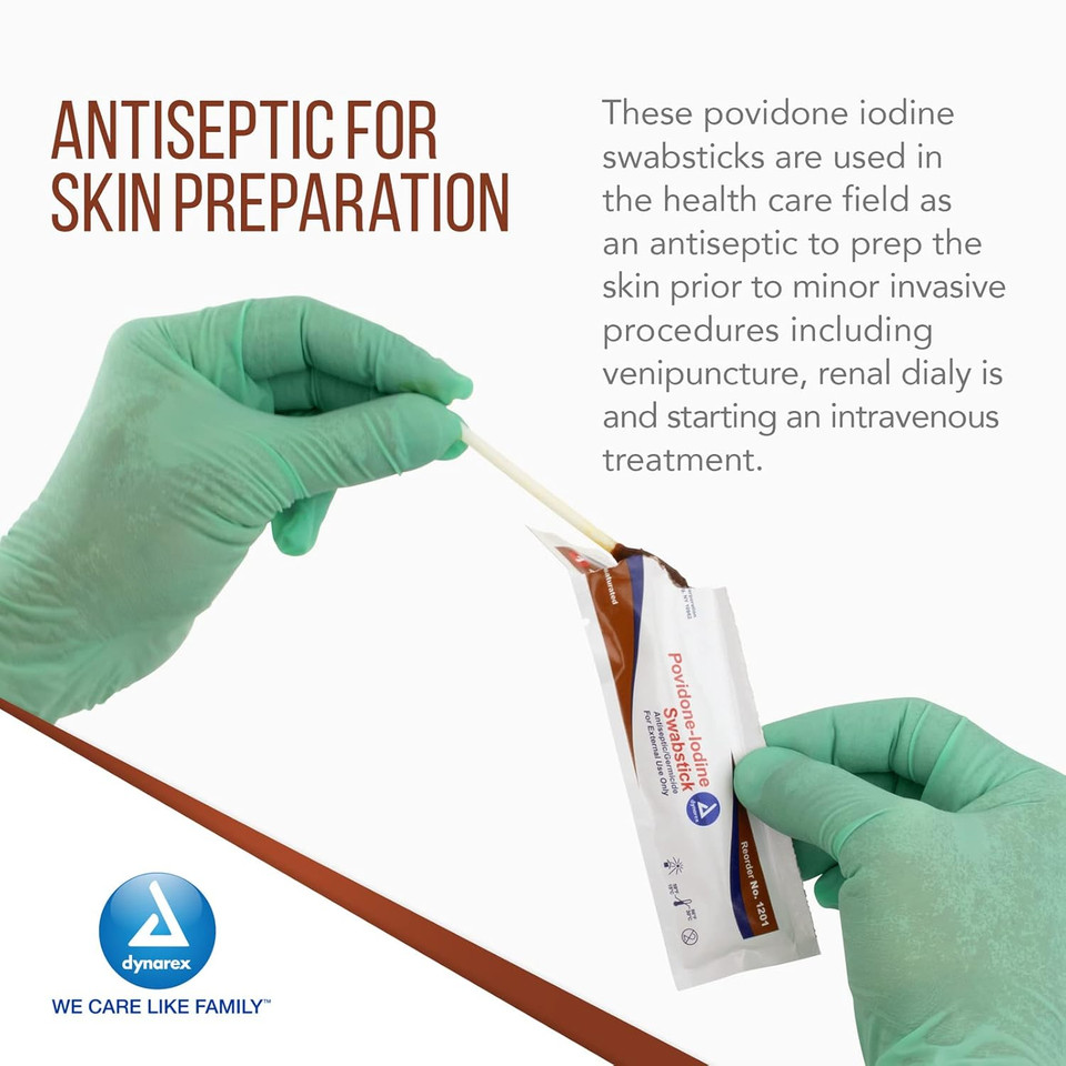 Dynarex Povidone Iodine Swabsticks, Swabstick Packaged In Individual Foil Pack, Antiseptic For Skin Preparation, Brown, 1 Case Of 500 Dynarex Povidone Iodine Swabsticks, (10 Boxes Of 50)