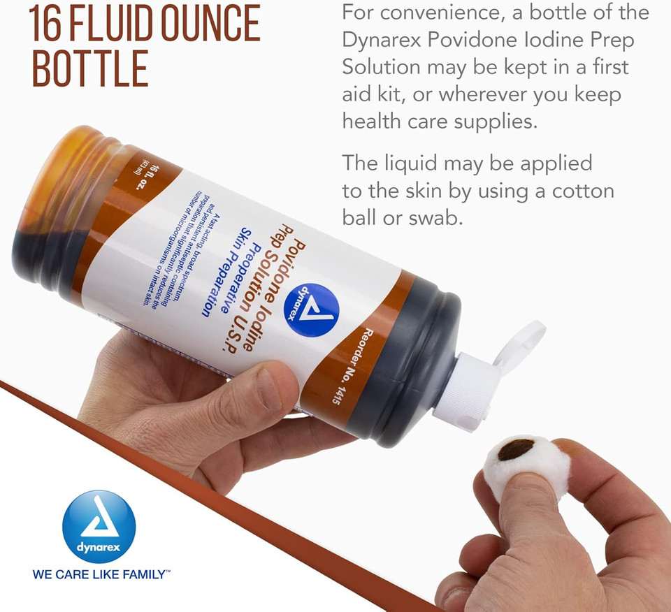 Dynarex Povidone Iodine Prep Solution Usp, Effective Topical Antiseptic For Skin Cleansing And Preparation Prior To Medical Procedures, Brown, 1 Case, 24 -16 Fluid Ounce Bottle