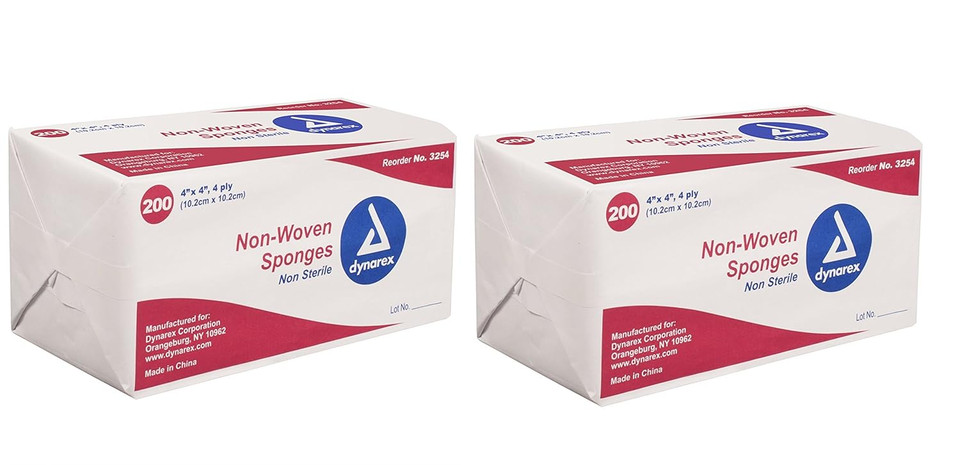 Dynarex Non-Woven Sponges, Non-Sterile, Gauze, For Cleansing, Prepping And Dressing, Highly-Absorbent, Less Linting, 2-Pack, 4"X 4", 4 Ply, 400 Sponges