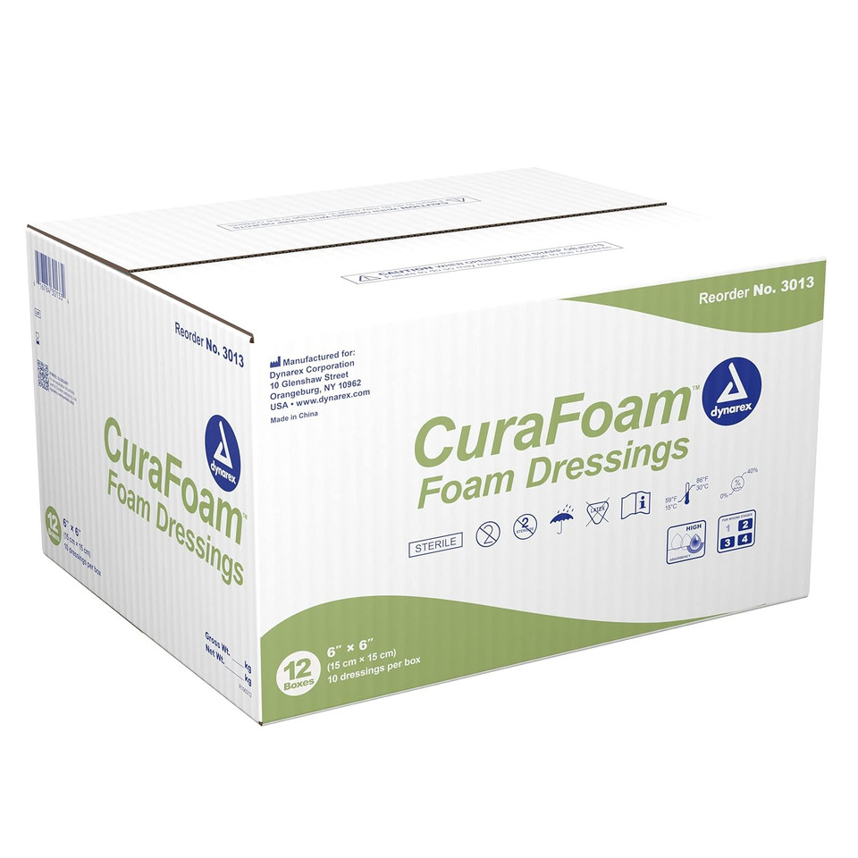 Dynarex Curafoam Foam Dressings, Non-Bordered, Sterile, Provides Cushioned And Moist Wound Care, Used For Medium To Heavy Exuding Wounds, 6" X 6", 1 Case Of 120 Curafoam Dressings (12 Boxes Of 10)