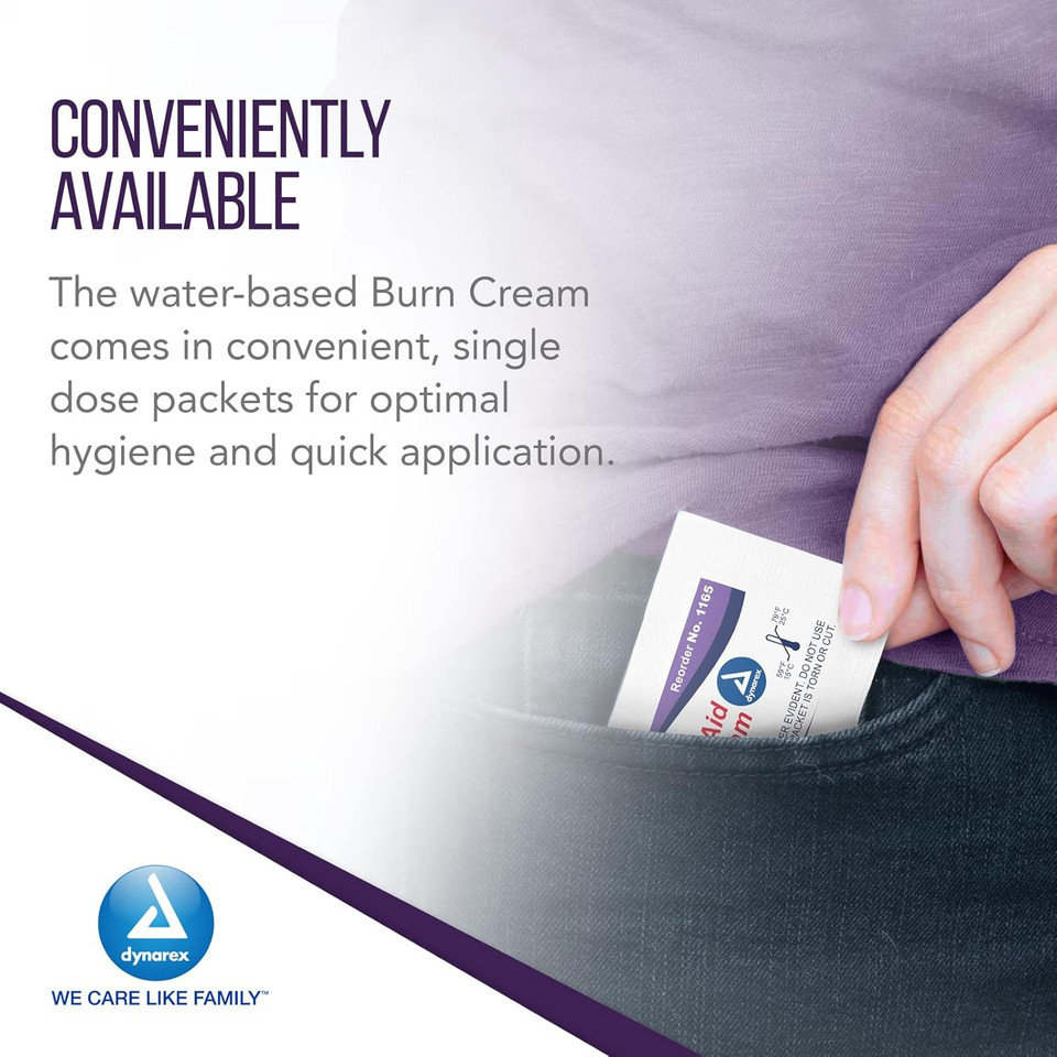 Dynarex First Aid Burn Cream - Burn Ointment For Minor Cuts, Wounds, Burns - Single Dose Water-Based Formula With Benzalkonium Chloride - For Medical & Home Care - 0.9G Packets, Box Of 144