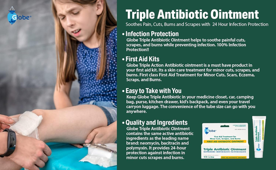 Globe Triple Antibiotic First Aid Ointment, 0.5 Oz (24-Pack) First Aid Antibiotic Ointment, 24-Hour Infection Protection, Wound Care Treatment For Minor Scrapes, Burns And Cuts