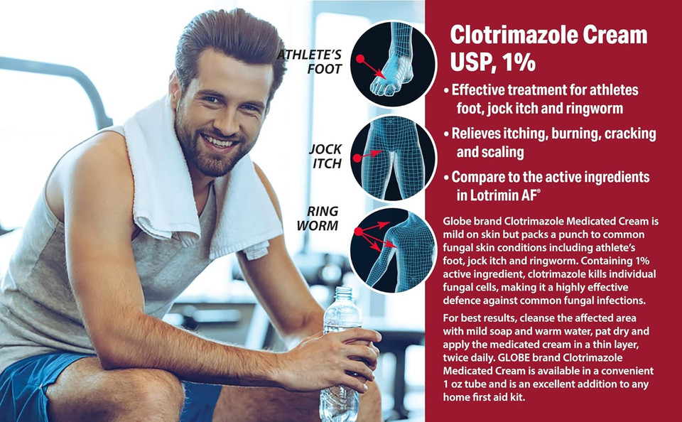 Globe (3 Pack) Clotrimazole Cream 1% (1 Oz) Cures Athleteã¢ÂS Foot, Jock Itch, Ringworm. Relieves The Itching, Irritation, Redness, Scaling And Discomfort