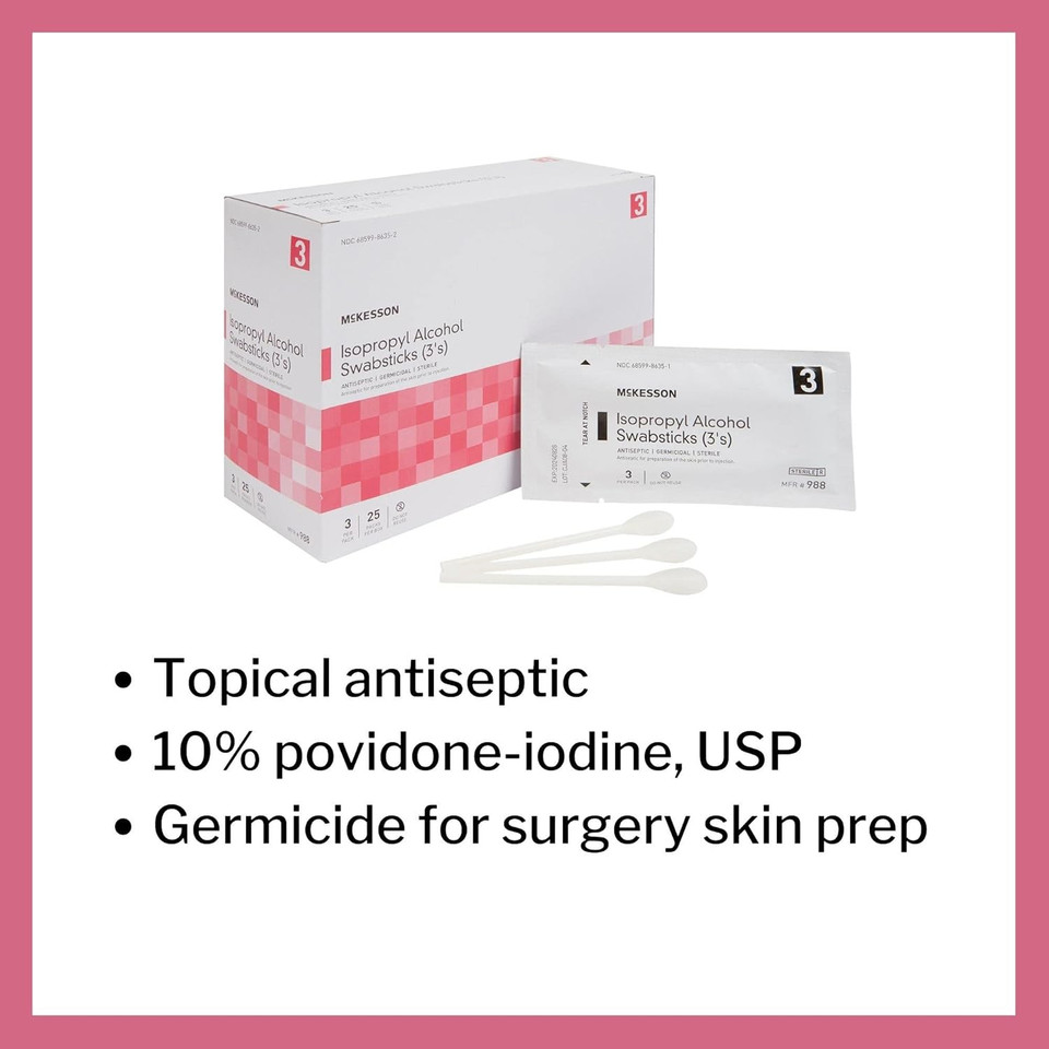 Mckesson Isopropyl Alcohol Swabsticks, Sterile, Individual Packet, 3 Sticks, 250 Packs, 750 Total