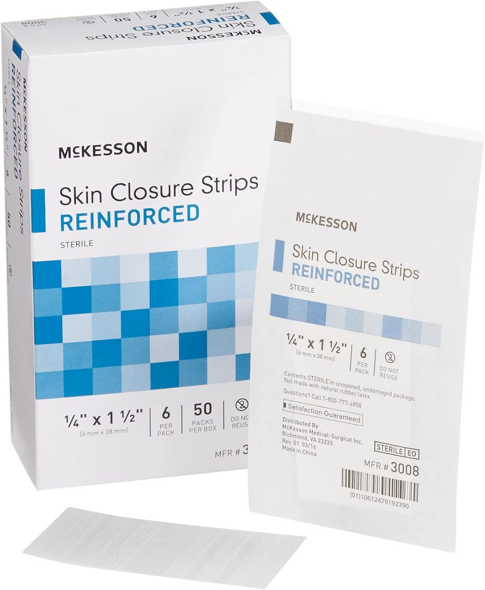 Mckesson Skin Closure Adhesive Strips, Reinforced Steri Strip For Wound Care, 1/4 In X 1 1/2 In, 6 Per Pack, 50 Packs, 300 Total