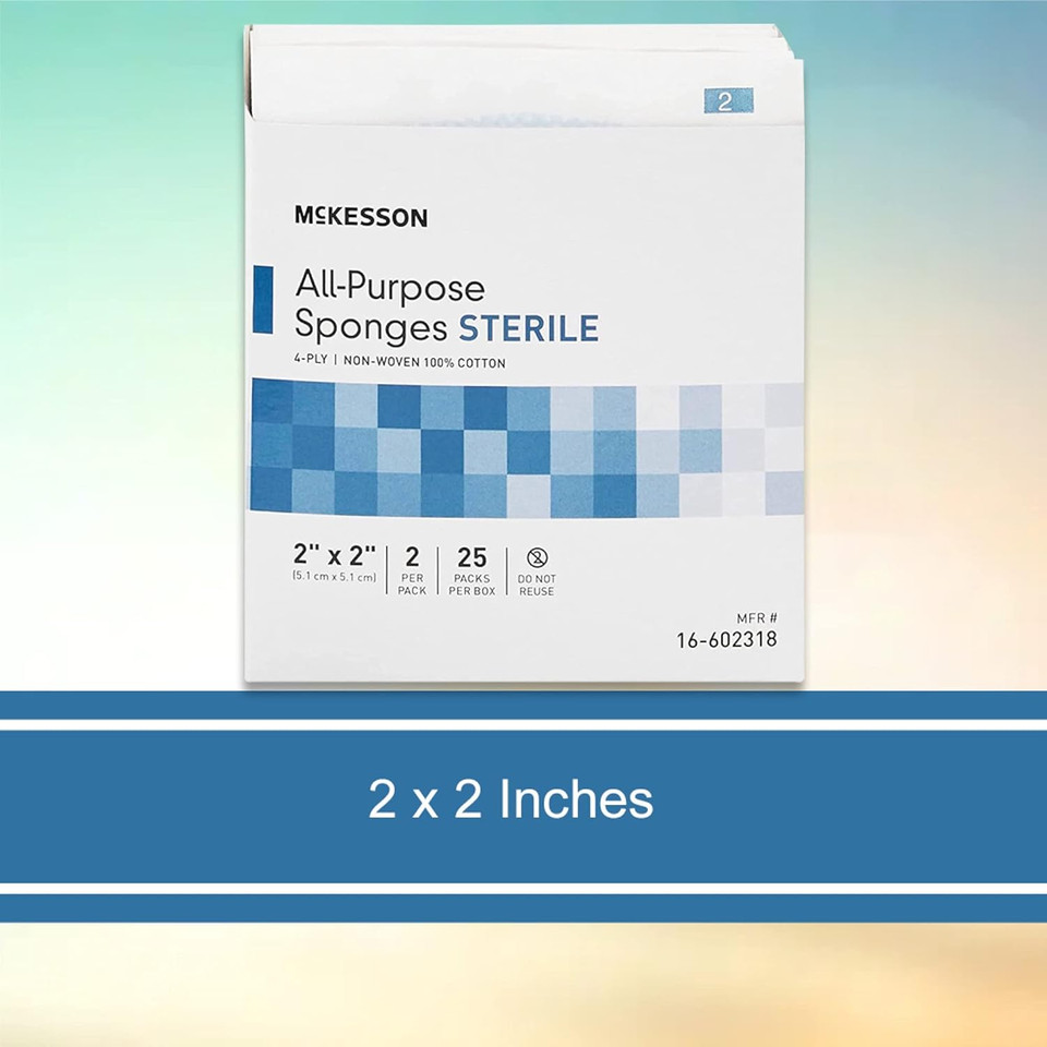 Mckesson All Purpose Sponges, Sterile, 4-Ply, 100% Cotton, 2 In X 2 In, 2 Per Pack, 25 Packs, 50 Total