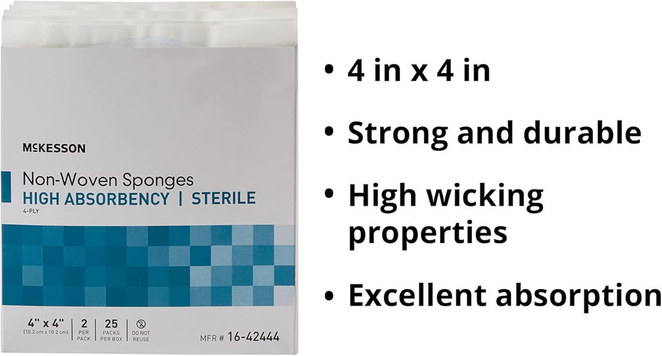 Mckesson Non-Woven Sponges, Sterile, 4-Ply, High Absorbency, Polyester/Rayon, 4 In X 4 In, 2 Per Pack, 600 Packs, 1200 Total