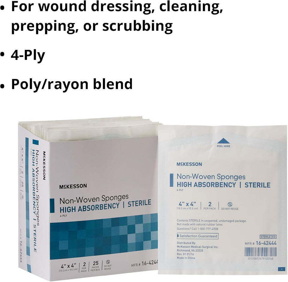Mckesson Non-Woven Sponges, Sterile, 4-Ply, High Absorbency, Polyester/Rayon, 4 In X 4 In, 2 Per Pack, 600 Packs, 1200 Total
