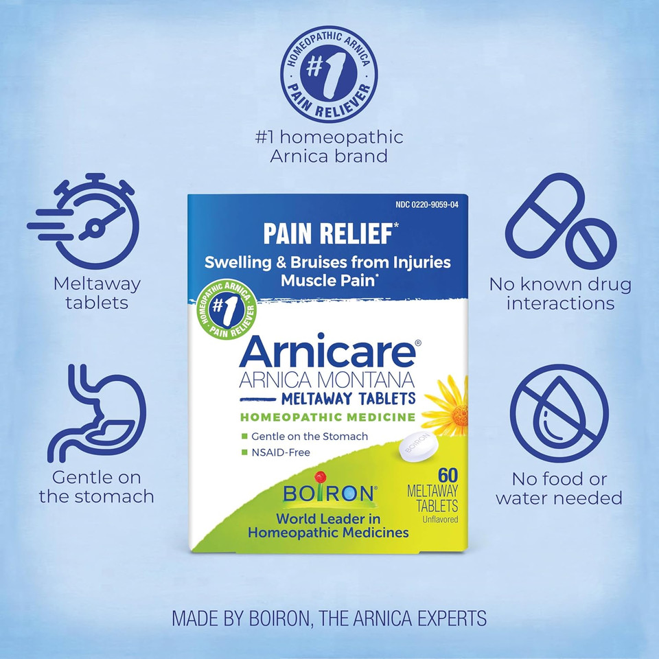 Boiron Arnicare Tablets For Pain Relief From Muscle Pain, Joint Soreness, Swelling From Injury Or Bruises - 60 Count