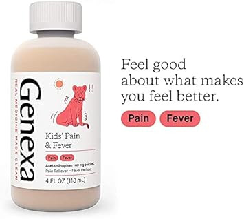 Genexa Kids' Acetaminophen Pain & Fever Oral Suspension Medicine - 4Oz - For Children 2 - 11 Years Old, Temporarily Relieves Pain And Fever Symptoms, 160 Mg Per 5 Ml- Organic Blueberry Flavor