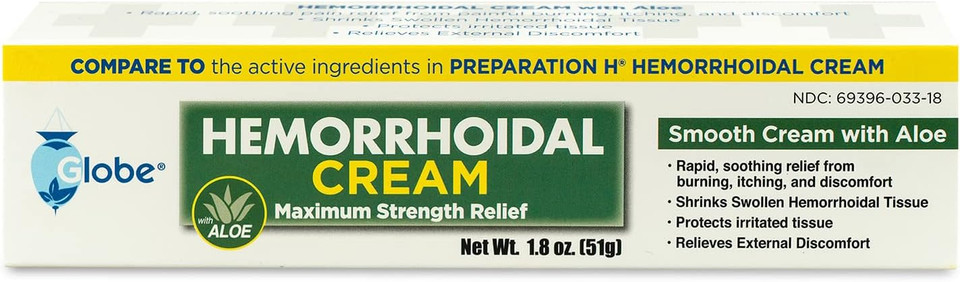 Globe (2 Pack) Hemorrhoid Cream, Relief With Aloe, (1.8 Ounce Tube) Relief From Hemorrhoids, Piles, Itching, Burning, Discomfort, & More