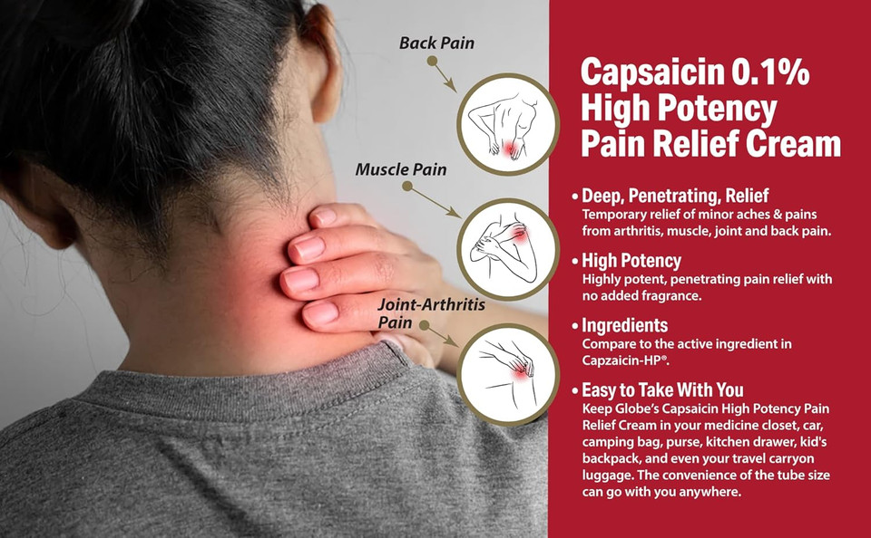 Globe (3 Pack) Capsaicin 0.1% High Potency Pain Relief Cream, Unscented (2 Oz) Deep Penetrating Relief From: Arthritis, Muscle, Joint And Back Pain