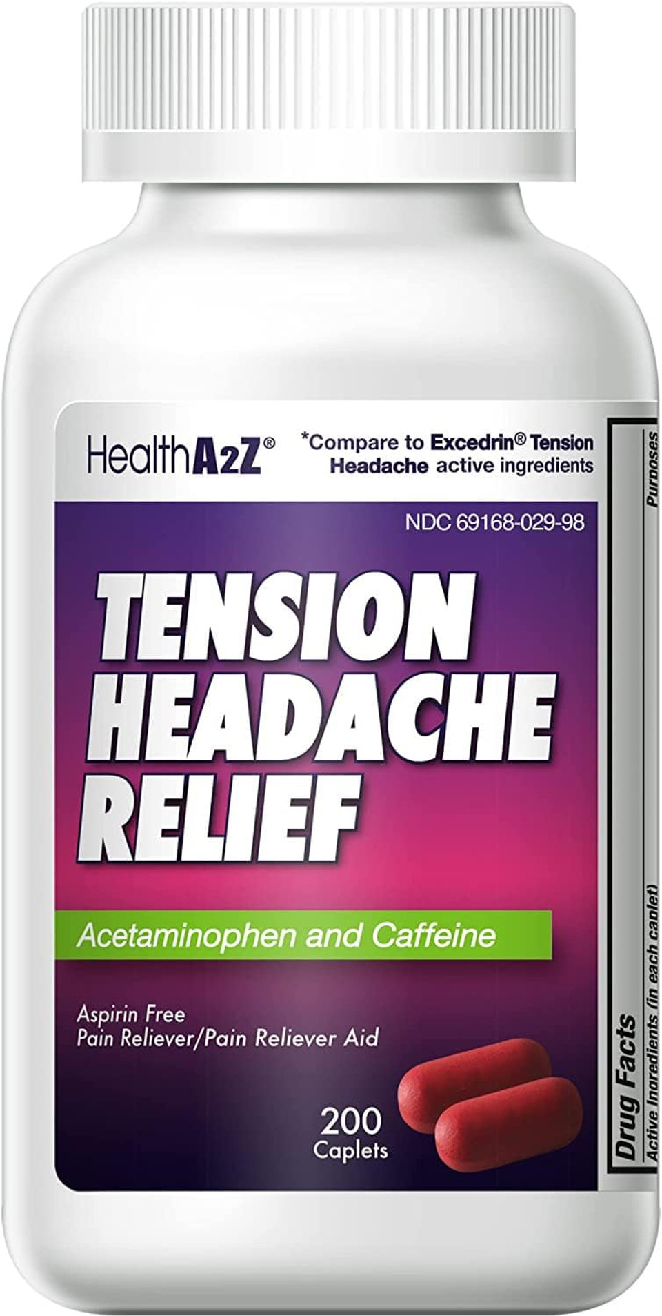 Healtha2Zã¢Â® Tension Headache Relief | Acetaminophen 500Mg | Caffeine 65Mg | Pain Reliever Aid | Aspirin Free (200 Caplets (Pack Of 1))