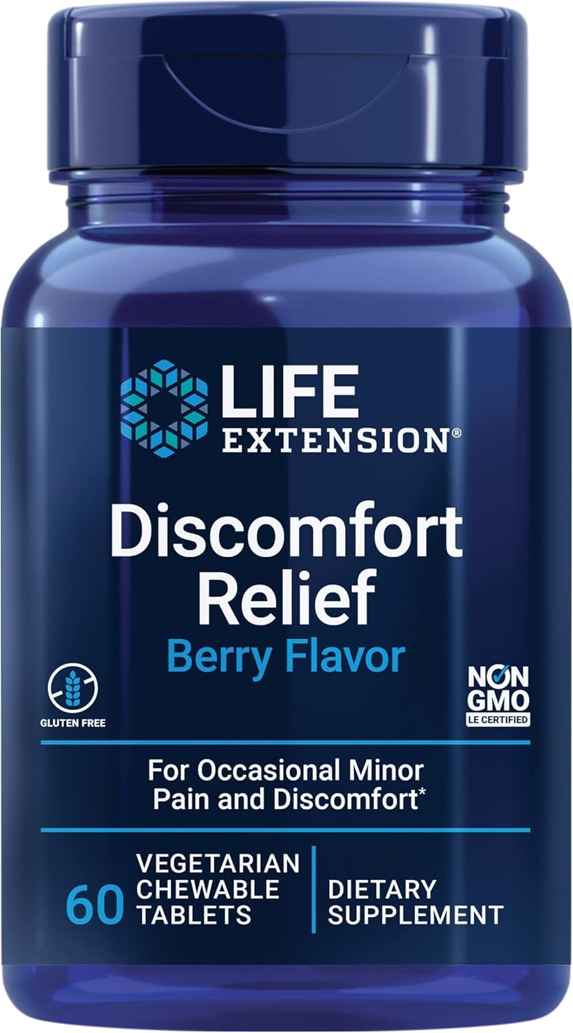 Life Extension Pea Discomfort Relief (Berry Flavor) For Occasional Minor Pain & Discomfort  Palmitoylethanolamide Supplement - Gluten-Free, Non-Gmo, Vegetarian  60 Chewable Tablets