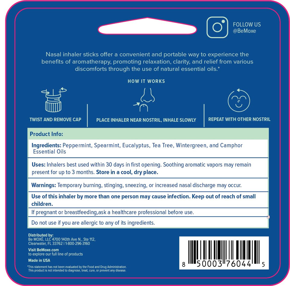 Moxe Migraine Relief Nasal Inhalers, Essential Oils For Headaches & Tension Relief, Portable Aromatherapy, Easy-To-Use, Pure & Undiluted, Peppermint, Spearmint, Eucalyptus, Tea Tree, Usa Made, 3 Pack