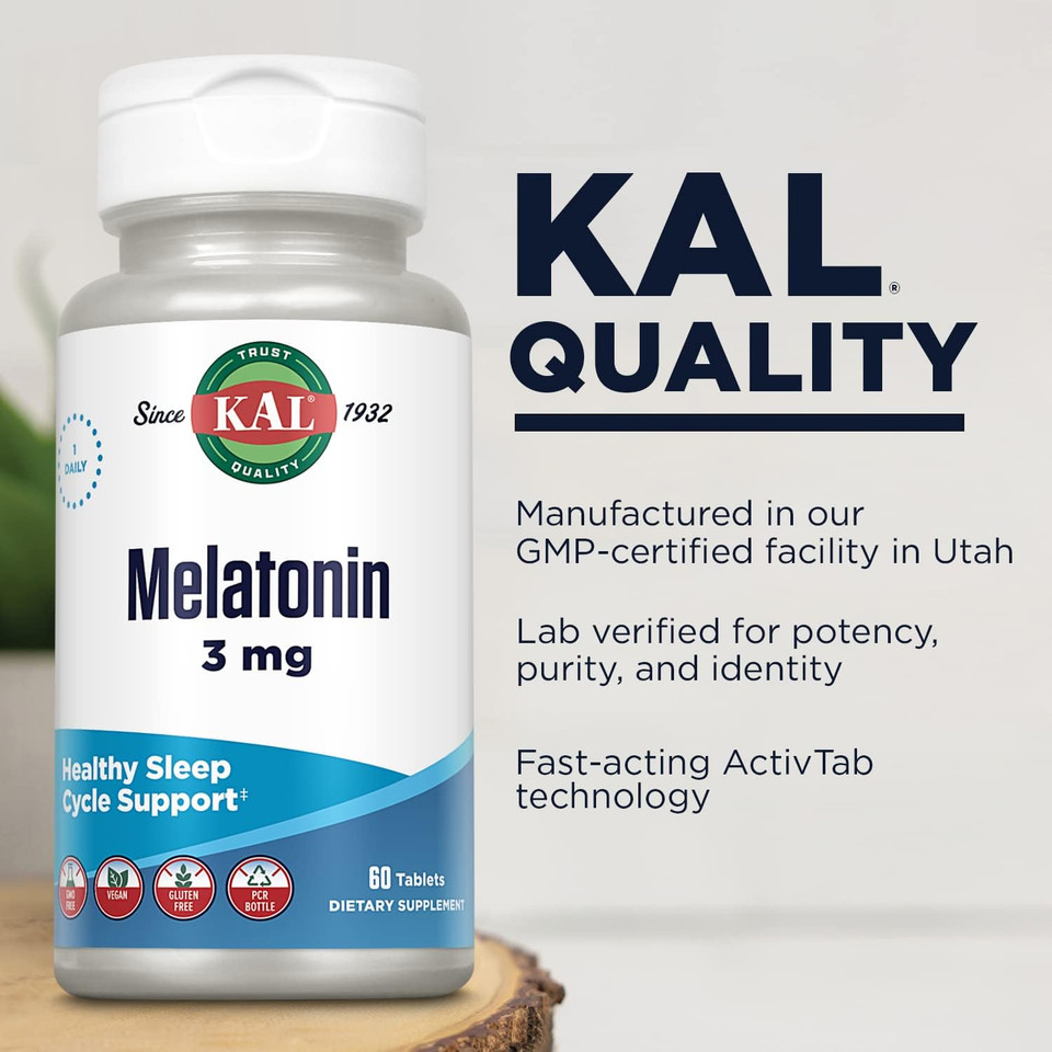 Kal Melatonin 3 Mg | Healthy Relaxation & Sleep Support Formula | Fast-Acting | With Vitamin B-6 | 60 Ct