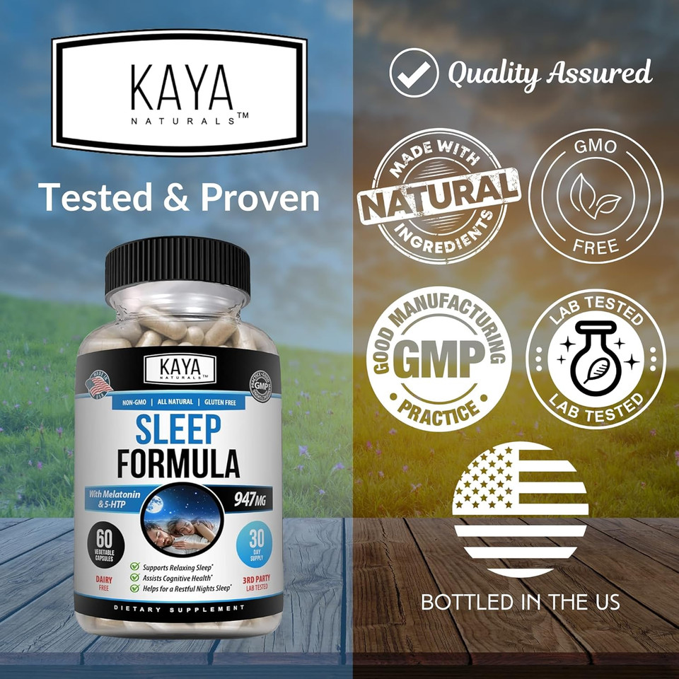 Kaya Naturals - Sleep Support Formula With Melatonin - Aid Support Vitamin Supplement - Sleep Stress And Mood Support - L-Tryptophan, Passion Flower, Ashwagandha And More - 60 Capsules (60 Count)