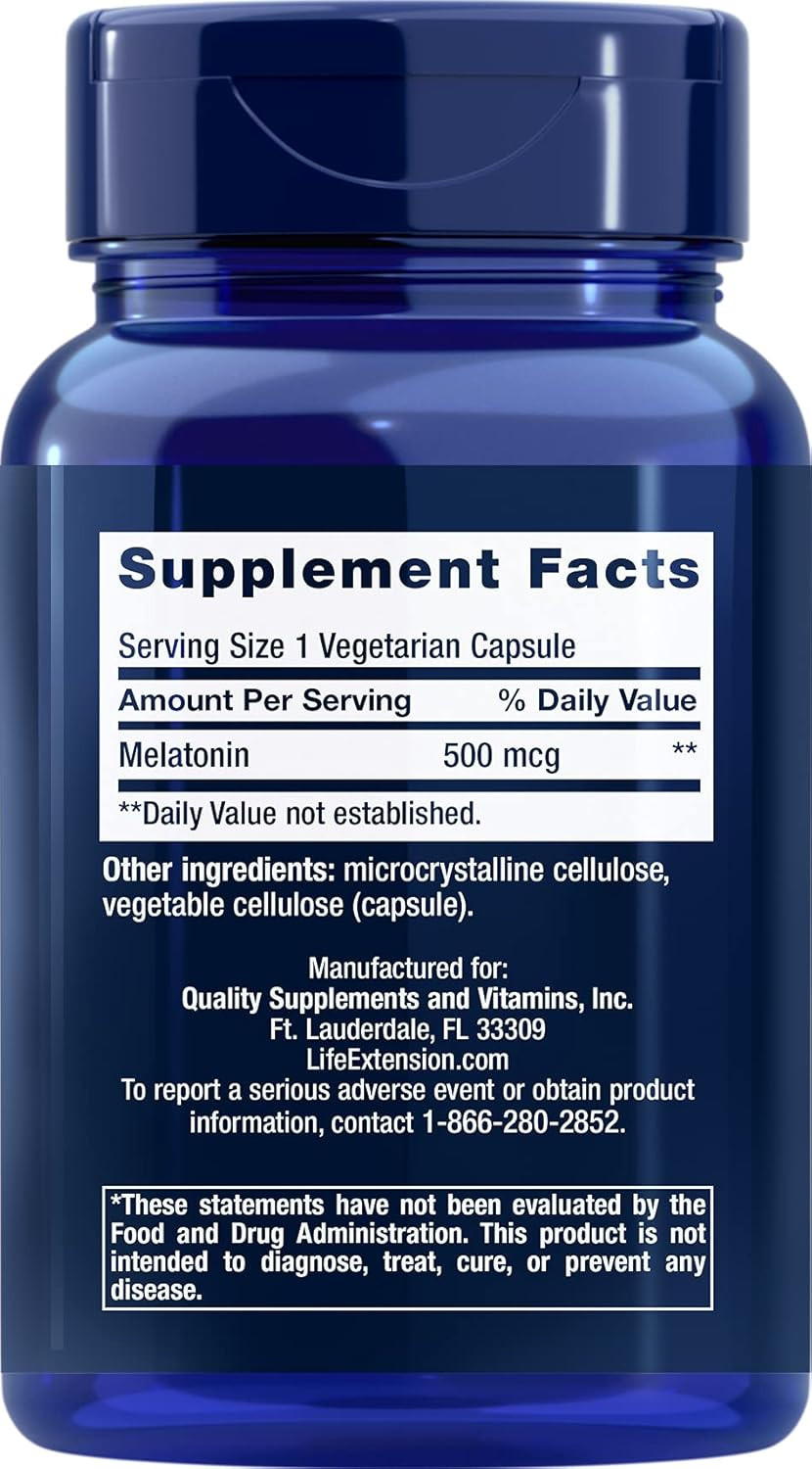 Life Extension Melatonin, 500 Mcg  Gently Promotes Sleep, Low Dose, Value Size  Non-Gmo, Gluten-Free, Vegetarian  200 Capsules