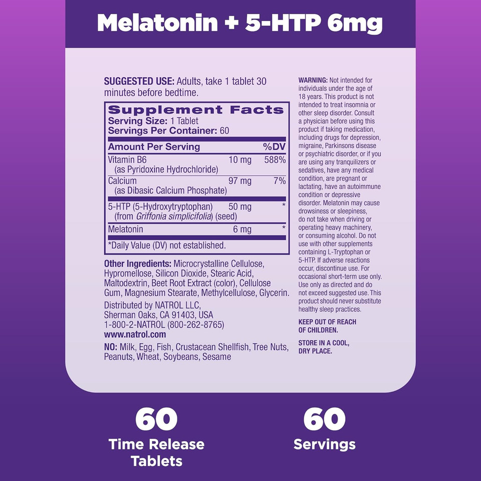Natrol Advanced Sleep Melatonin + 5Htp, 6Mg, Calming Sleep Aid For Restful Sleep, 60 Time-Release Tablets, 60-Day Supply
