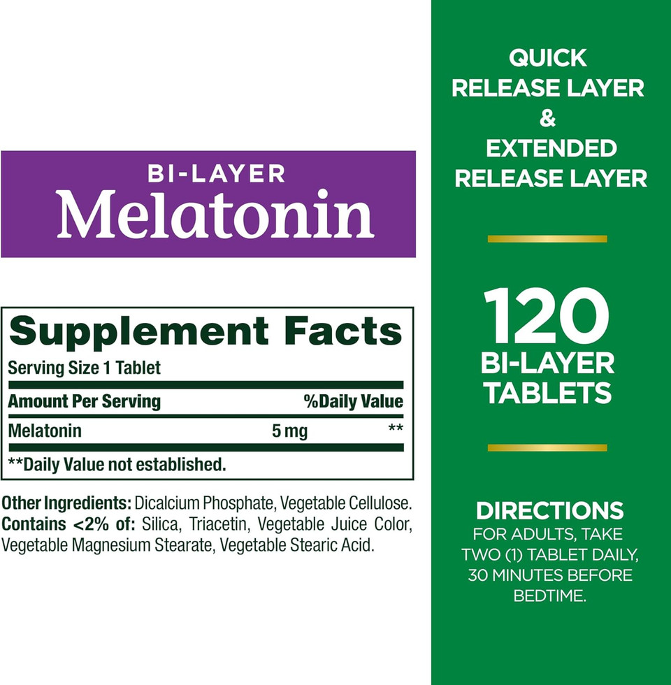 Nature'S Bounty Melatonin 5Mg Dual Spectrum, 100% Drug Free Sleep Supplement, Quick Release And Extended Release, Promotes Relaxation And Sleep Health, 120 Bi-Layer Tablets