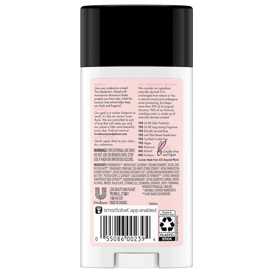 Love Beauty And Planet Deodorant, Murumuru Butter And Rose, 2.95 Oz