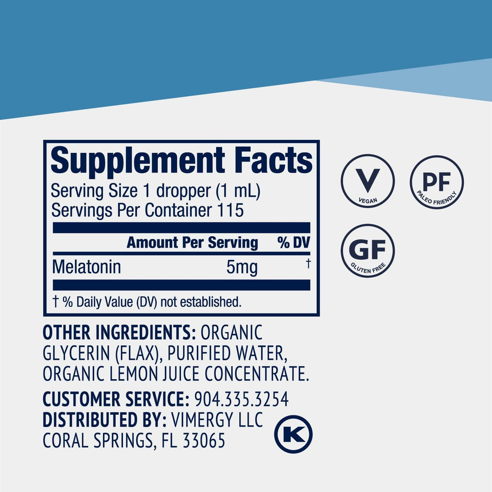 Vimergy Melatonin  Natural Sleep Aid  Sleep Supplement  Helps You Fall Asleep Faster & Stay Asleep Longer - Non-Gmo, Gluten-Free, Kosher, Soy-Free, Vegan, Paleo (115 Ml)